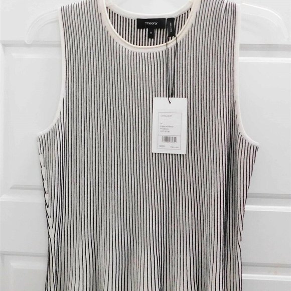 New Theory Canelis St $255rt Eggshell Black Striped Sleeveless‎ Knit Top sz M - Picture 1 of 5